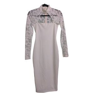 Nookie Lady Lace Midi Dress Long Sleeve White Bodycon Back Zip Cutout S New